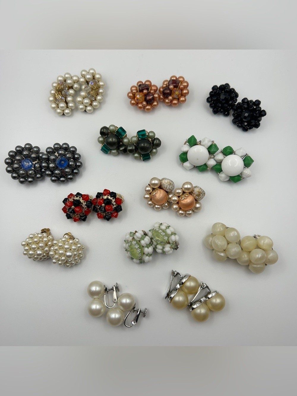 Vintage Bead Beaded Cluster Clip On Earrings Lot of 13 Pairs